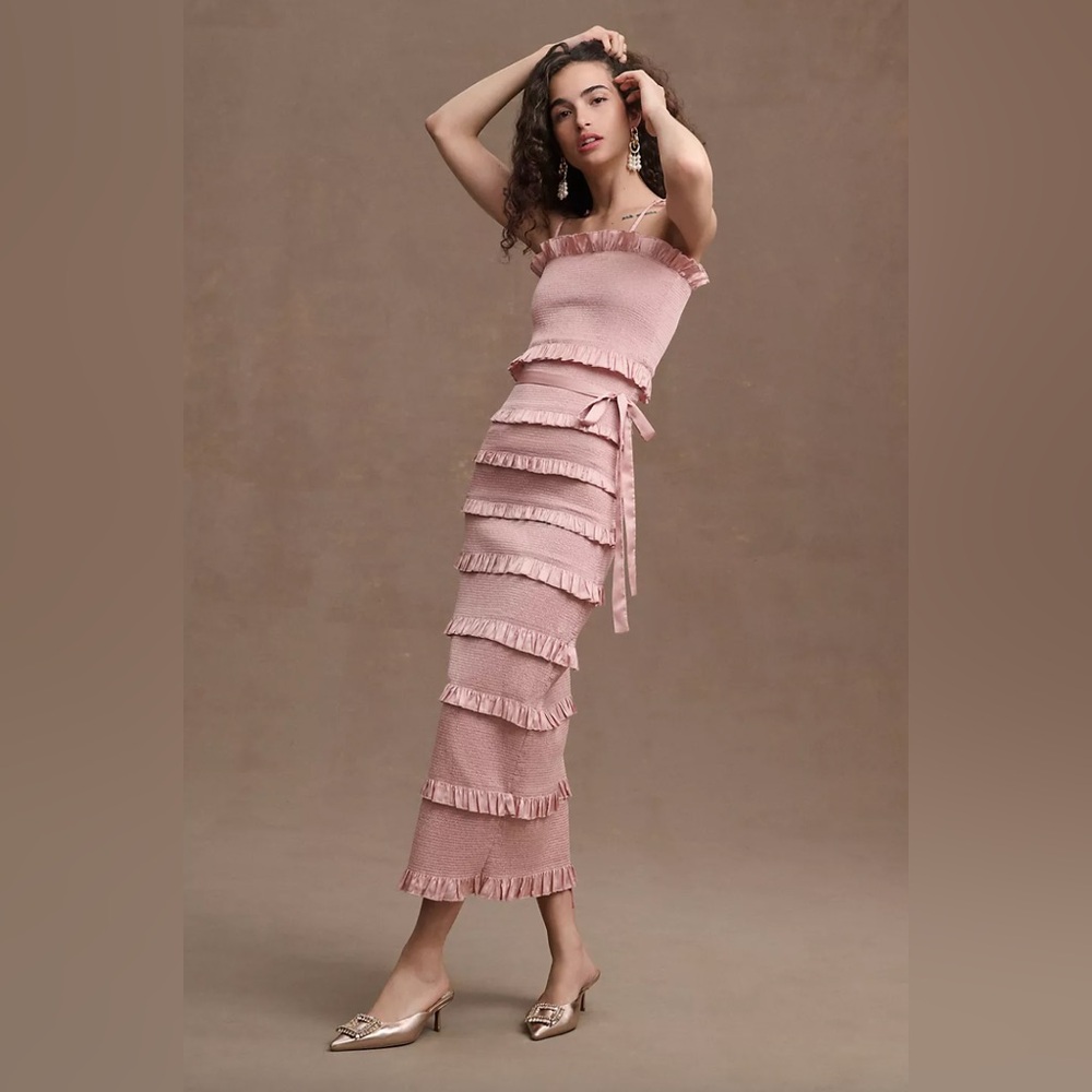 V. CHAPMAN/ANTHROPOLOGY LILY RUCHED & RUFFLED STRETCH MIDI DRESS, ROSE DUST